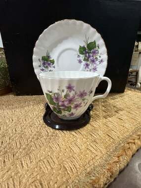 Crown Dorset Finest Bone China Teacup and Saucer Set with Violet Floral Pattern